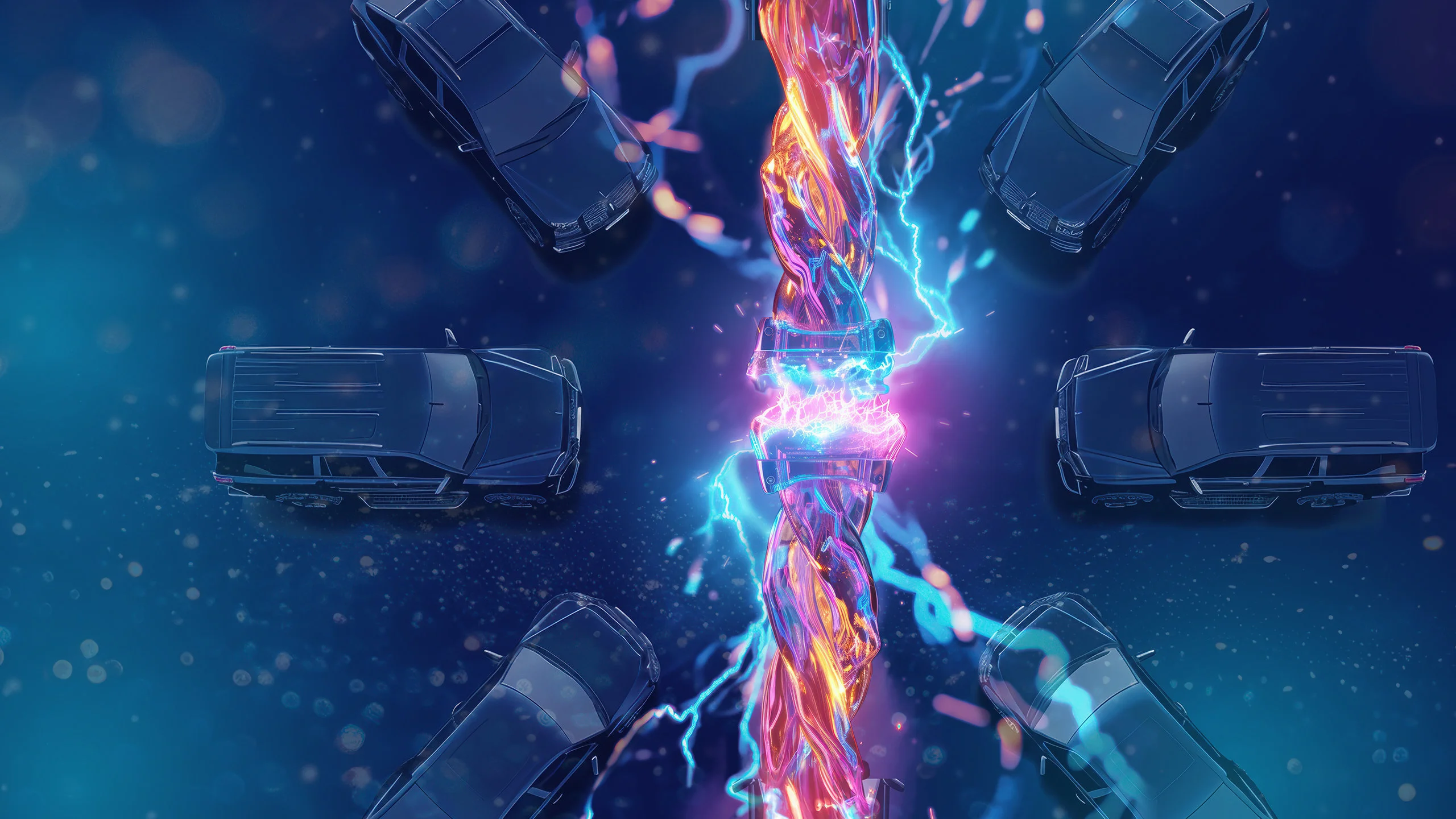 Electric energy arcing between rows of cars